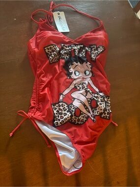 Red Betty Boop One-Piece Swimsuit with Leopard Print